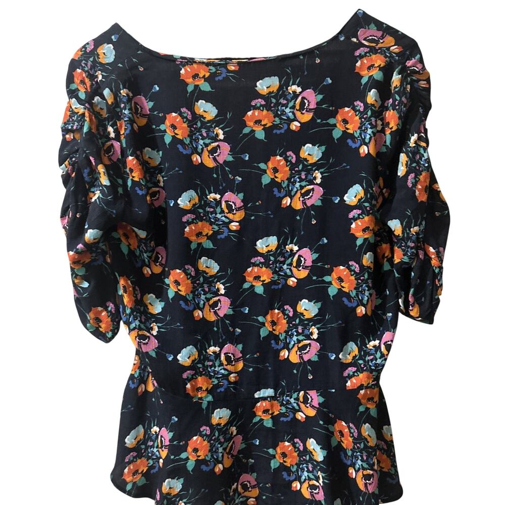 Zara Trafaluc Navy Floral Ruched Sleeve Peplum Top Size Small - Picture 6 of 6